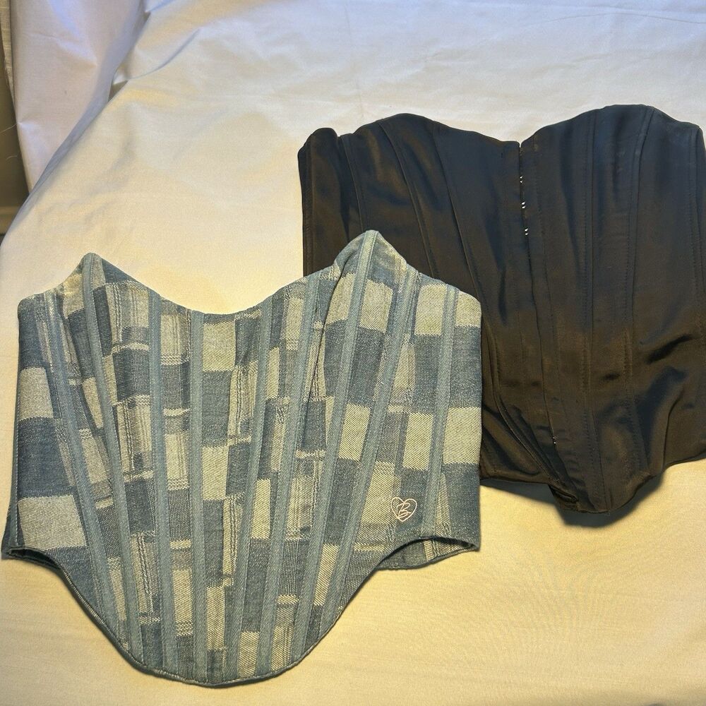 2 Corset Black & Denim Structured & Boned Halter Top Y2K Women's Size Small & XS
